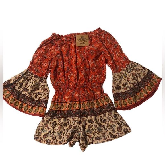 NWT Angie Girls Red Summer Romper Jumpsuit Elastic Neck Waist Wide Long Sleeves - Picture 2 of 8